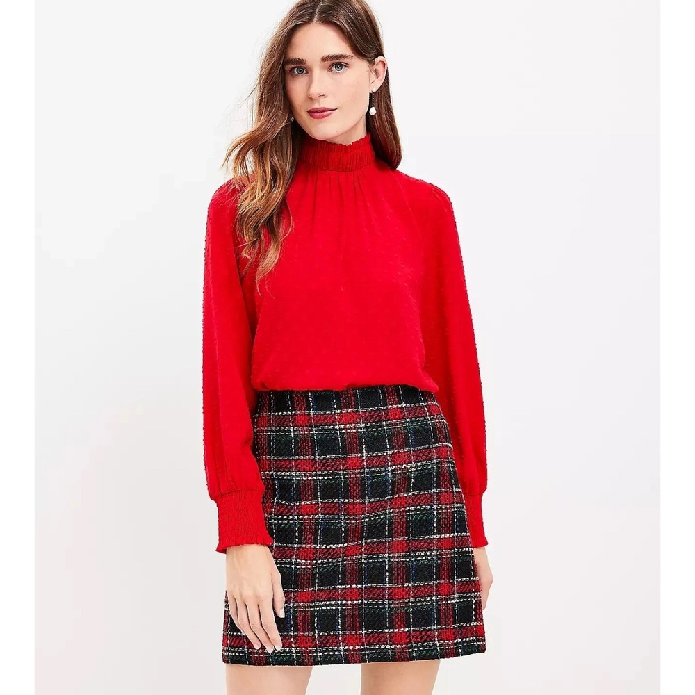 LOFT Women's XXS Red Dotted Long Sleeve Bow Tie Mock Neck Blouse Top
